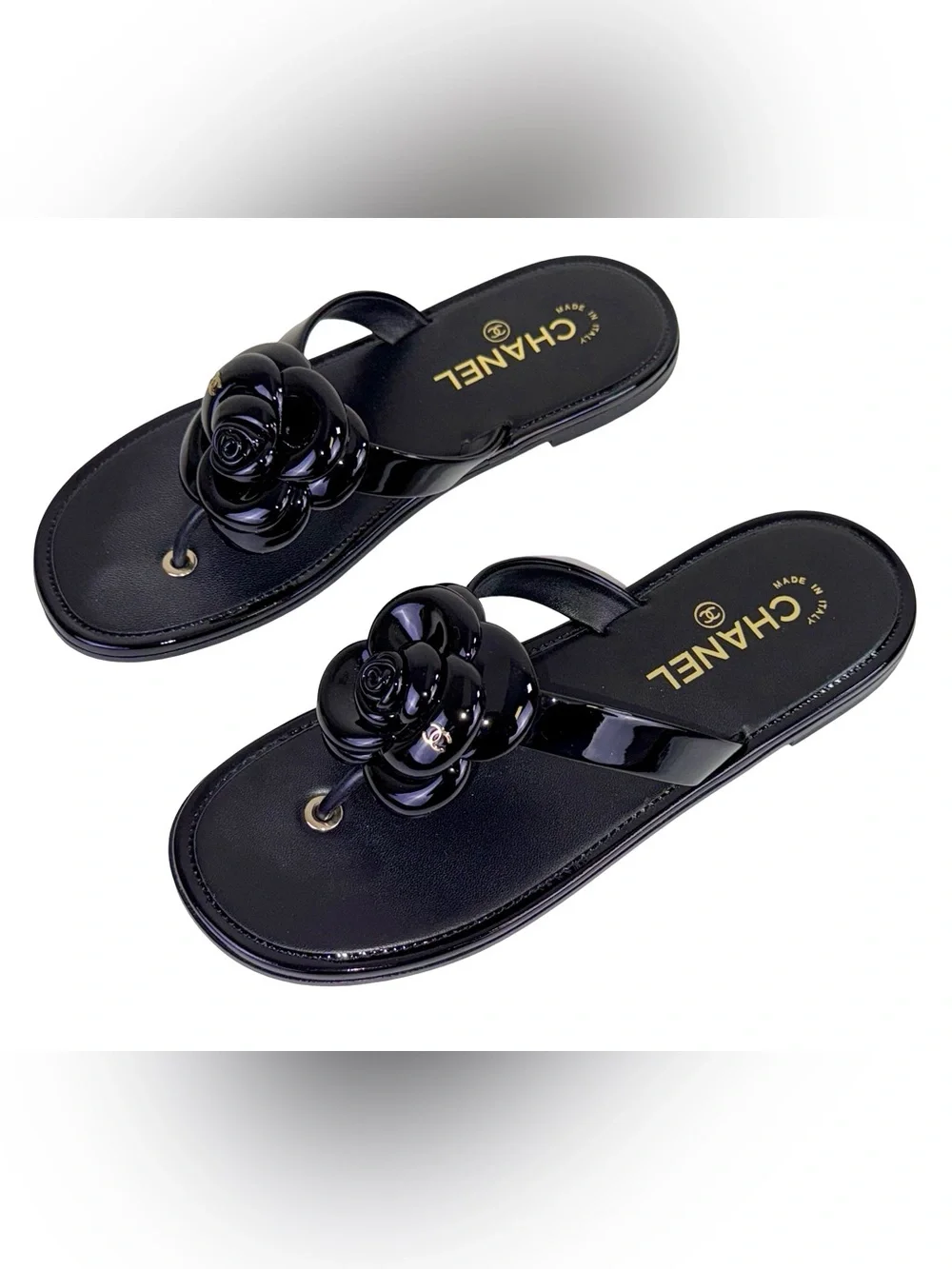 CHANEL BLACK CAMELLIA THONG JELLY SANDALS